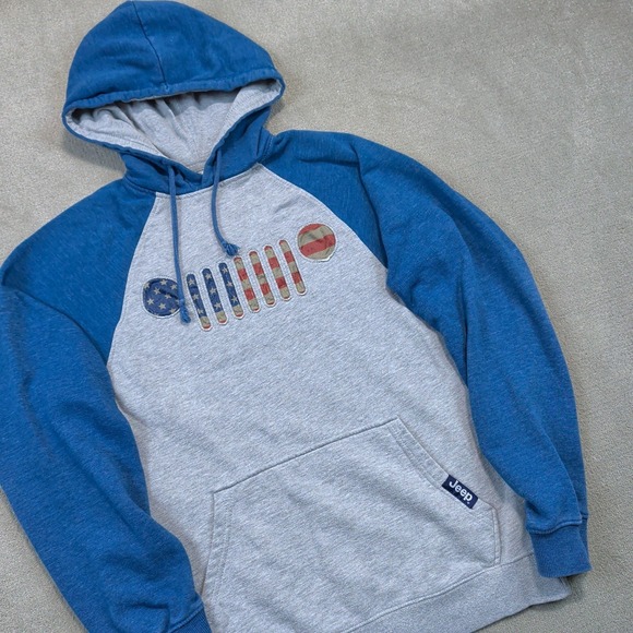 Buck Wear Jeep Hoodie SM Mens Gray Blue Raglan American Flag Stars Stripes Logo — photo 2